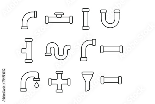 Pipe outline simple linear icon set, plumbing pipe elements collection, editable stroke vector illustrations for websites, books, cards, apps, transparent background