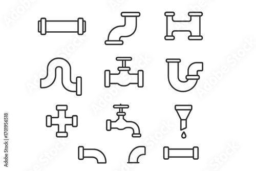 Pipe icon set for UI design, placards, books, apps, editable stroke, vector cartoon illustration, plumbing elements, plumbing tools, water supply icons, transparent background, web and print usage