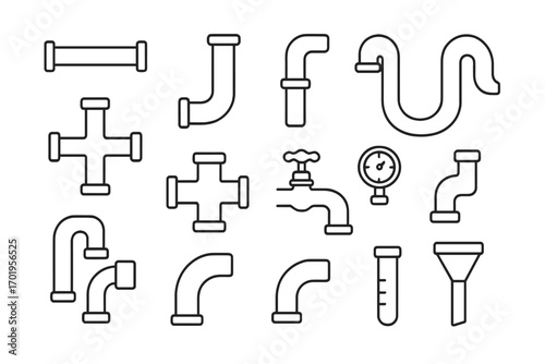 Pipe outline simple linear icons collection. Editable stroke plumbing pipes, fittings, faucet, gauge, funnel vector set. Suitable for websites, apps, industrial, books, cards design
