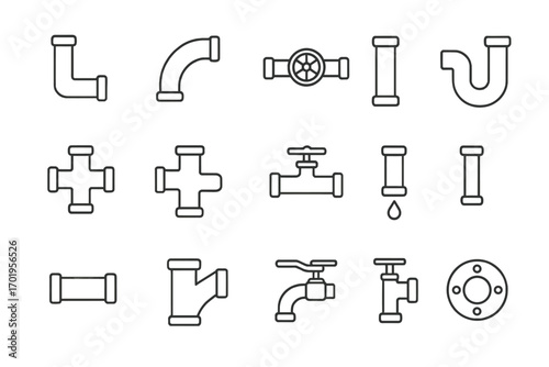 Simple linear pipe outline collection, editable stroke vector illustration, plumbing pipes and valves, industrial pipeline elements, web design, apps, books, cards, transparent background