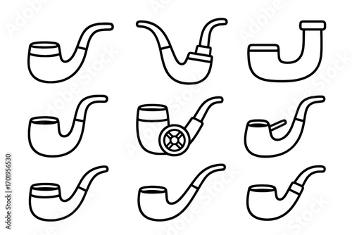 Classic smoking pipe icons set with thin editable strokes, suitable for web, books, cards, apps, and vector cartoon illustrations, transparent background, ordered collection of vintage tobacco pipes