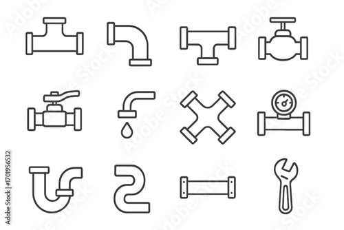Pipe related line icons set for plumbing and water system with editable stroke, vector cartoon illustration for websites, books, cards, and app design, transparent background