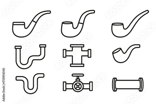 Pipe icons set thin line editable stroke design, plumbing and water pipe vector cartoon illustration, web and app UI elements, books and cards graphic elements collection