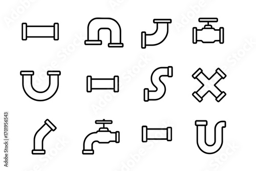 Simple isolated pipe line icons collection, editable stroke vector illustration with various pipe shapes, fittings, valves, plumbing symbols for websites, apps, books, cards design