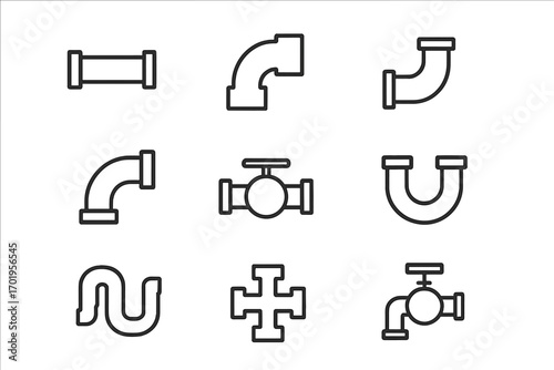 Simple pipe line icons collection with editable stroke, plumbing and water pipes symbols, vector cartoon illustration for websites, books, cards, apps design, isolated set