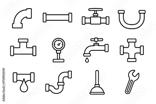 Pipe and Plumbing Line Icons Set, Editable Stroke Vector Illustration for Websites, Apps, Books, Cards, Plumbing Tools, Faucets, Valves, Pipes, Leak and Repair Symbols