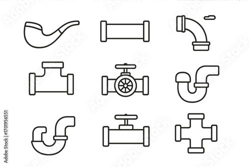 Pipe set of thin editable stroke icons, plumbing pipe fittings collection, valve and connector line symbols, vector cartoon illustration for websites, apps, books, cards