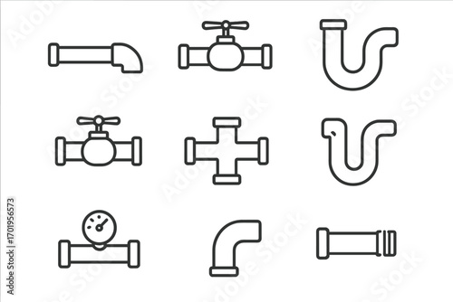 Thin line pipe icons set with editable stroke, plumbing pipes, valves, pressure gauges, curved and straight pipes, vector cartoon illustration for web, books, cards, apps, transparent background