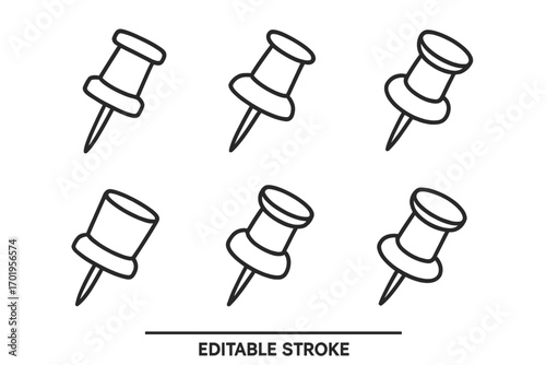 Push pin icon set for school and office, thin line editable stroke illustration, vector cartoon bundle for websites, books, cards, apps, transparent background