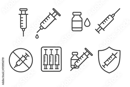 Syringe icon set for UI and apps, editable stroke vector, medical injection illustration for placards, books, cards, websites, healthcare design, transparent background