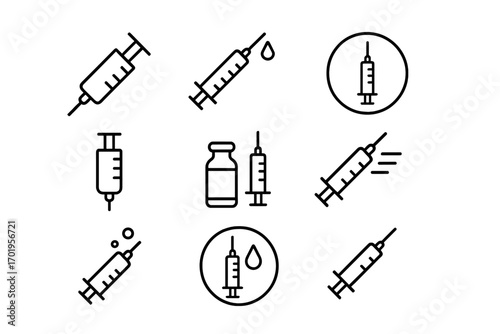 Syringe collection thin line icons set, editable stroke medical injection illustrations, vaccine and injection symbols for healthcare, web, apps, cards, books design, vector transparent background