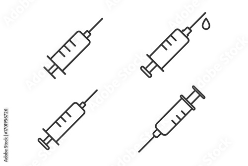 Syringe outline set, simple linear medical injection icons, editable stroke vector collection, transparent background, healthcare, vaccination, injection tools, web, app, book design