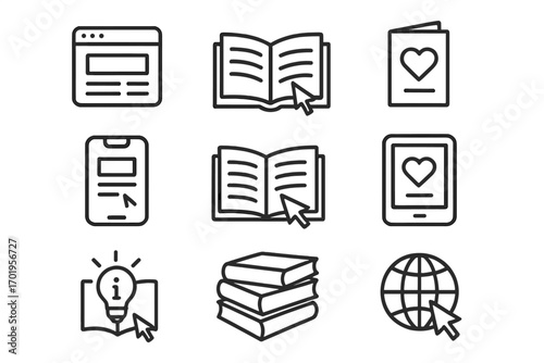 Editable line icons set featuring web pages, books, greeting cards, apps, and digital content symbols with cursor pointers, suitable for websites and digital platforms, vector cartoon illustration