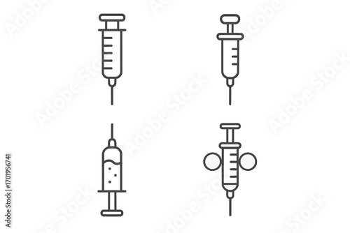 Syringe outline set, simple linear medical injection icons collection, editable stroke vector illustration for health care, vaccination, web, books, cards, and apps design