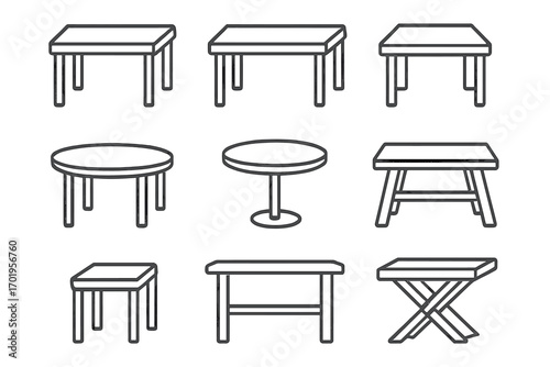 Table bundle thin line icons set, editable stroke vector cartoon illustrations with transparent background, furniture collection for websites, books, cards, apps, flat design ordered set
