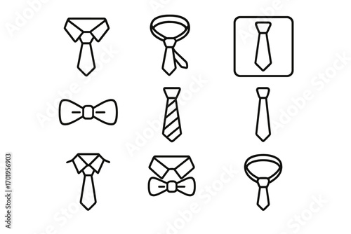 Tie related line icons set for websites, books, cards, apps, editable stroke vector cartoon illustration, necktie and bow tie symbols for fashion and business design