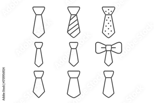 Set of thin line tie icons, editable stroke vector cartoon illustration for websites, books, cards, apps, transparent background, assorted neckties and bow tie collection