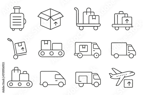 Baggage and parcel transportation thin line icon set. Logistics, shipping, and delivery service vector icons. Cargo freight, suitcase, box, truck, and airplane symbols.