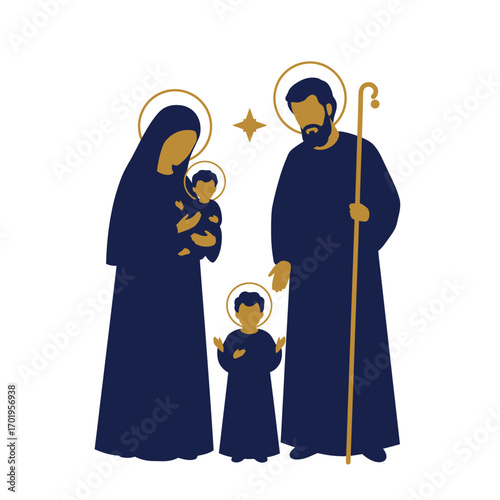 Elegant blue and gold illustration of the Holy Family, a modern and minimalist depiction of the Christian nativity scene