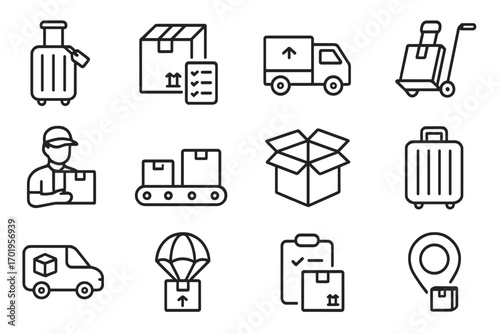 Shipping and logistics line icon set. Delivery service, package transportation, baggage claim concepts. Vector outline symbols for web and apps. Editable stroke design.