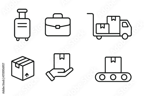 Logistics and delivery service line icon set. Parcel shipping, baggage transport, and package handling symbols. Vector pictogram collection for web and app design. Editable stroke.