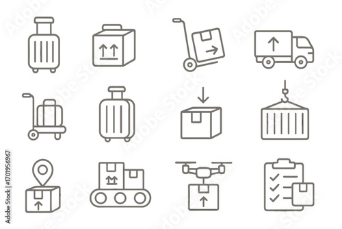 Shipping and logistics vector line icon set. Package delivery, cargo transport, and baggage handling symbols. Includes truck, drone, container, tracking, and conveyor belt icons.