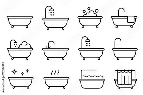 Bathtub & shower thin line icon set. Bathroom hygiene, plumbing, and relaxation concept symbols. Soap bubbles, hot water steam, clean bath. Editable stroke vector pictograms.