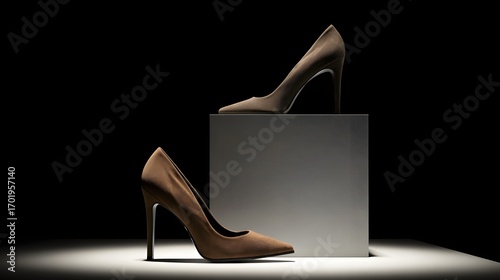 Fashion shoes displayed on a minimalist pedestal with clean studio lighting.