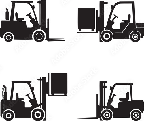 Forklift Truck Vector Icons Set – Black Silhouettes of Industrial Lifting Equipment in 2x2 Grid Design