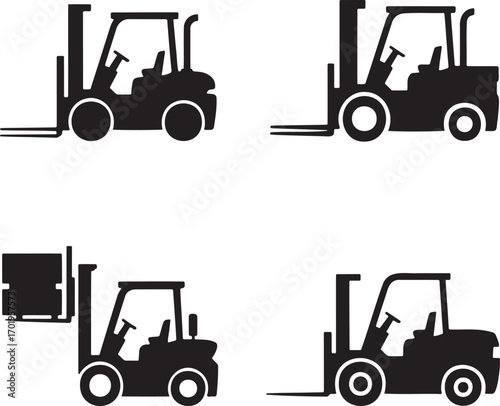 Forklift Truck Vector Icons Set – Black Silhouettes of Industrial Lifting Equipment in 2x2 Grid Design