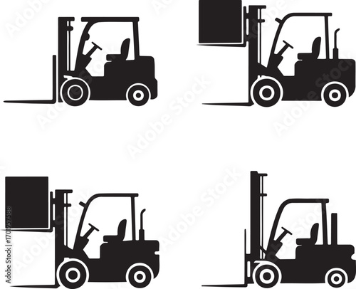 Forklift Truck Vector Icons Set – Black Silhouettes of Industrial Lifting Equipment in 2x2 Grid Design