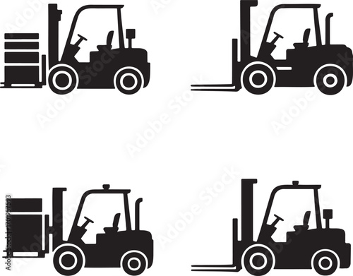 Forklift Truck Vector Icons Set – Black Silhouettes of Industrial Lifting Equipment in 2x2 Grid Design