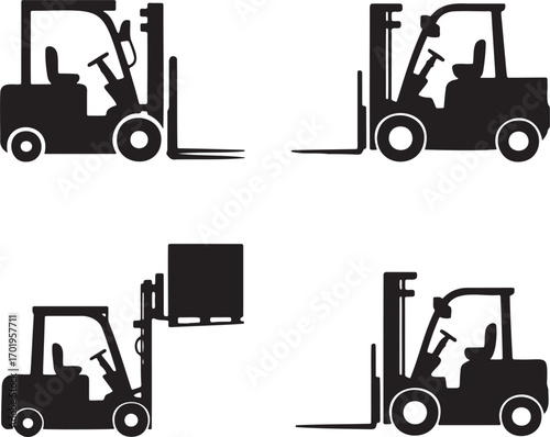 Forklift Truck Vector Icons Set – Black Silhouettes of Industrial Lifting Equipment in 2x2 Grid Design