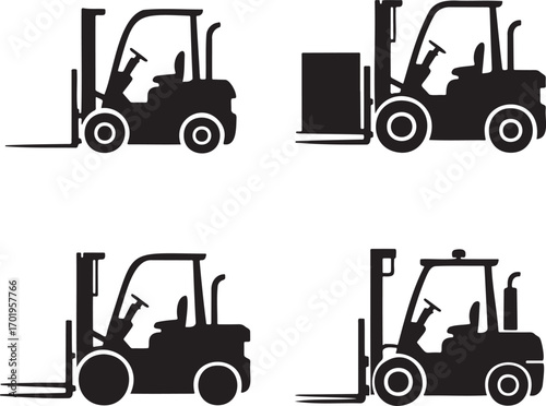 Forklift Truck Vector Icons Set – Black Silhouettes of Industrial Lifting Equipment in 2x2 Grid Design