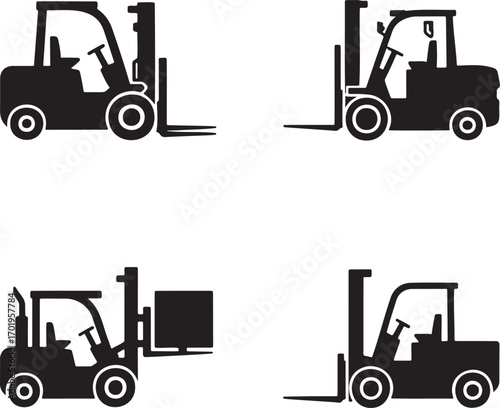 Forklift Truck Vector Icons Set – Black Silhouettes of Industrial Lifting Equipment in 2x2 Grid Design