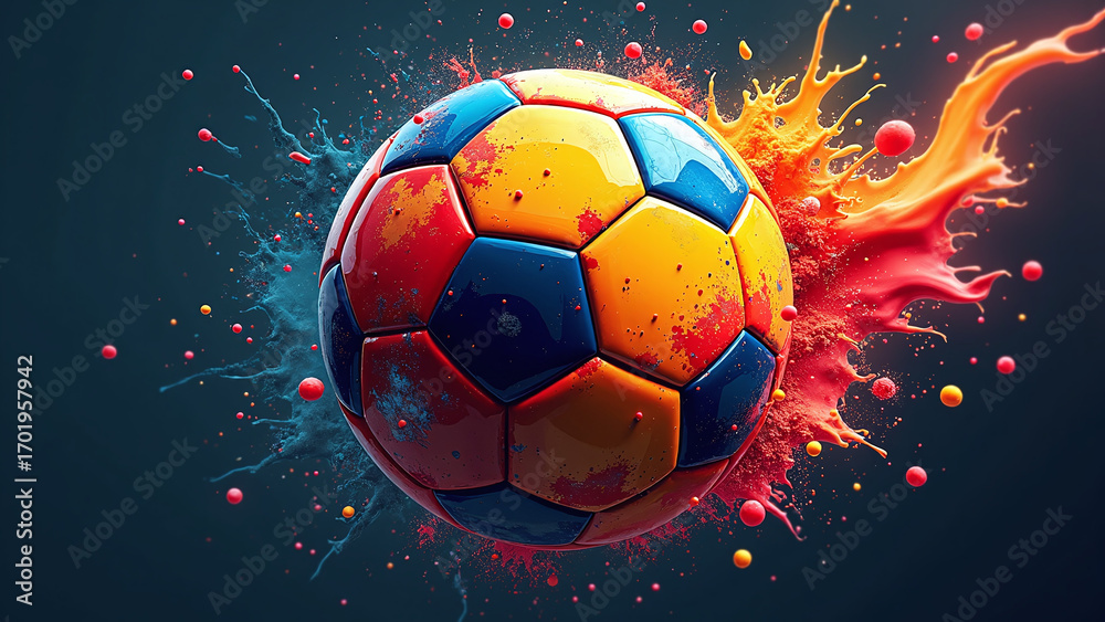 Fototapeta premium Multicolor soccer ball erupts through splash of kinetic paint. 
