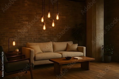Wallpaper Mural Cozy living room with exposed brick wall comfortable sofa and vintage edison bulb pendant lights Torontodigital.ca