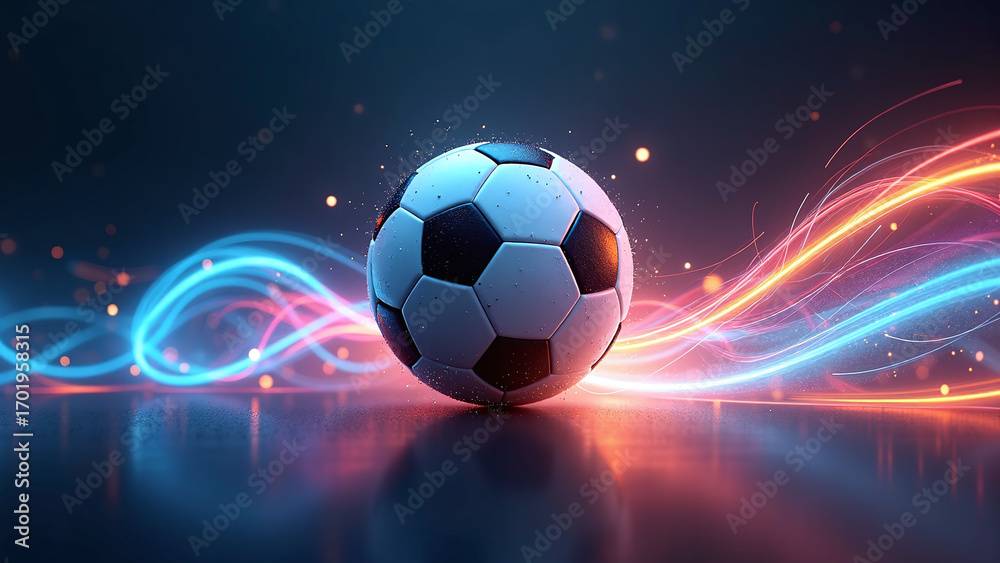 Fototapeta premium Soccer ball glows amid swirling neon trails of energy. 