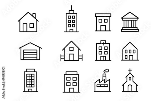 Building line icon set. Minimalist outline pictograms for architecture and real estate. Editable stroke vector symbols include house, office, bank, hospital, factory, and church.