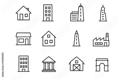 Building line icon set. Real estate and architecture symbols. House, office, bank, factory, skyscraper pictogram collection. Editable stroke vector outline graphic element.