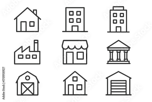Building icon set. Thin line icons for real estate and architecture. Vector collection of house, office, factory, store, bank, barn, and garage symbols for web and app design.