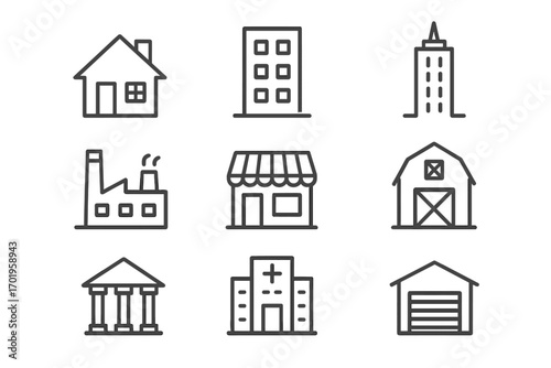 Real estate and city building line icon set. House, hospital, bank, factory, store, skyscraper, barn icons. Outline vector illustration for web, app, UI, UX. Editable stroke.