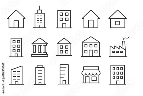Building thin line icon set. Real estate and architecture symbols. House, office, bank, factory, and shop vector icons. Editable stroke for web and app design. Urban property.