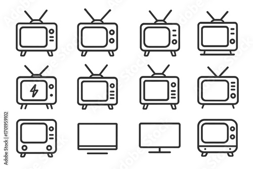 Retro and modern TV line icon set. Old television with antenna and flat screen monitor collection. Media technology evolution concept. Vector outline pictogram. Editable stroke.