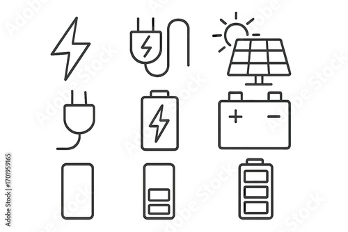 Energy and power line icon set. Collection of electricity, battery, charger, and solar panel symbols. Thin line vector pictograms for web, mobile app, and UI design.