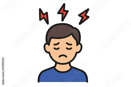 Headache, migraine, stress icon. Man with head pain. Metaphor for anxiety, depression, burnout, tension, frustration. Psychology and mental health concept vector illustration.