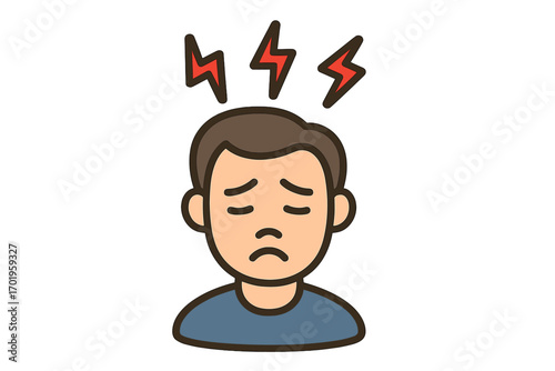 Headache and stress icon. Man with migraine, pain in head. Concept of mental health, anxiety, depression, burnout and illness. Vector cartoon illustration of a sad person.