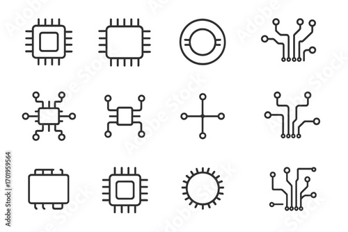 Technology line icon set. Chip, CPU, circuit board symbols. Microprocessor, electronics pictograms. Editable stroke vector for AI, futuristic tech, computer hardware concepts.
