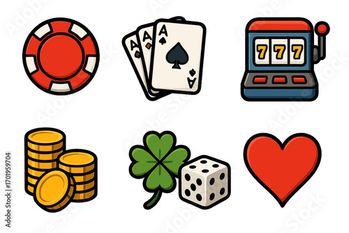 Casino gambling vector icon set. Flat cartoon illustration. Poker chip, playing cards, slot machine 777 jackpot, gold coins, lucky four leaf clover, dice, and heart suit symbol.