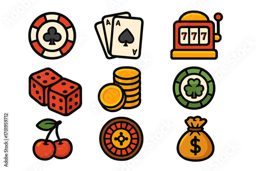Casino and gambling icon set vector illustration. Flat cartoon style icons for gaming, poker, slot machine, roulette wheel, dice, and money prize. Lucky bet concept.